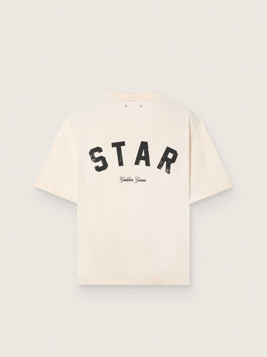 スターユニセックスコットンtシャツ。ヴィンテージホワイト、背面にブラックプリント。