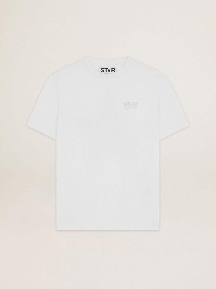 シルバーのグリッターロゴと星が入ったレディースホワイトtシャツ