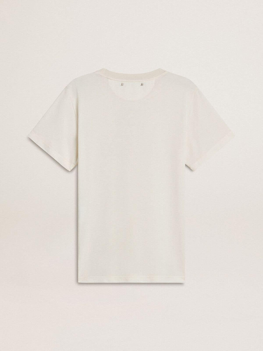 フロントにプリントが入ったレディースの白いtシャツ