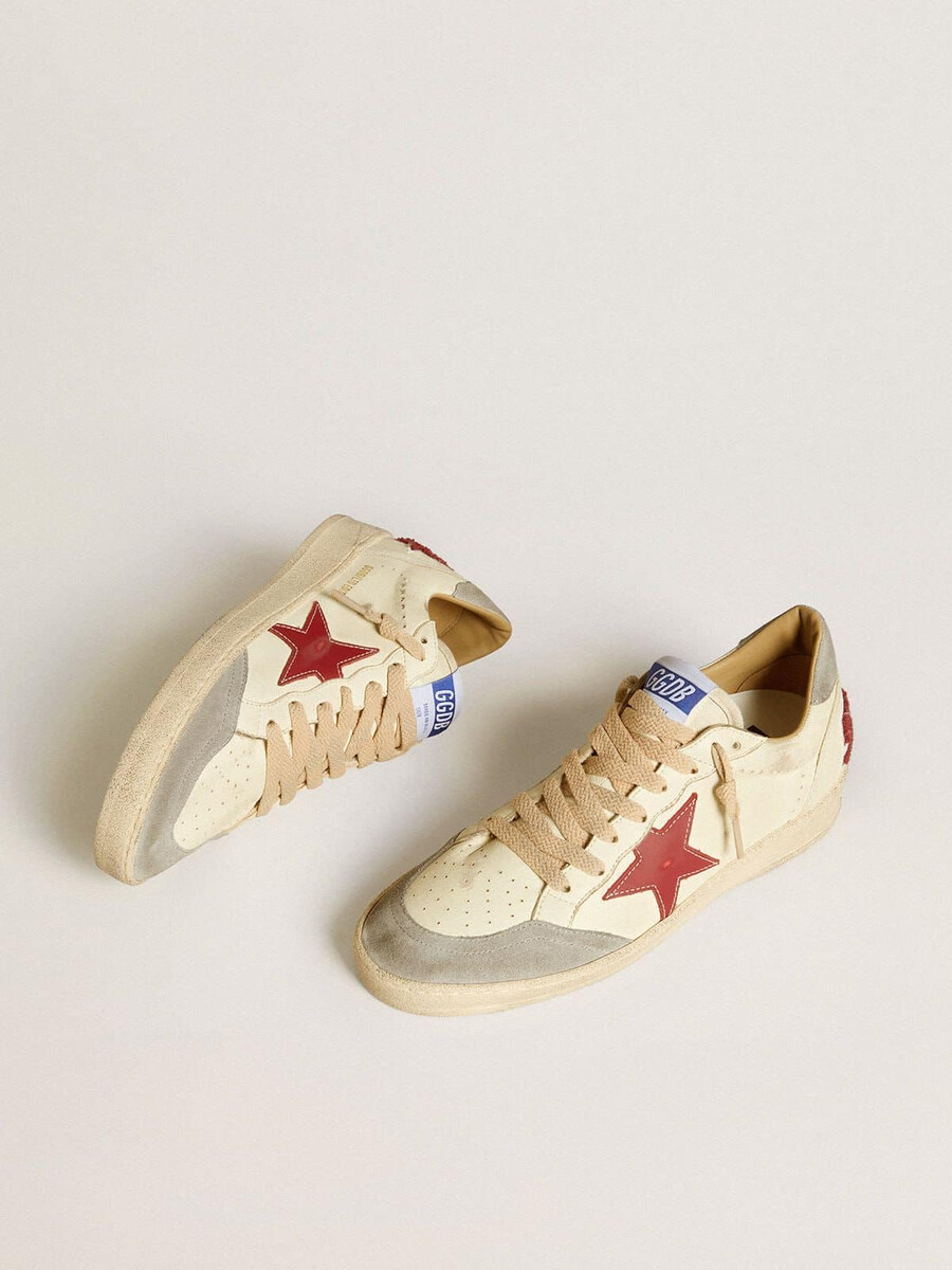 メンズ ボール スター ltd ナッパレザー製、レッド レザー スター、グレー スエード ヒールタブ付き