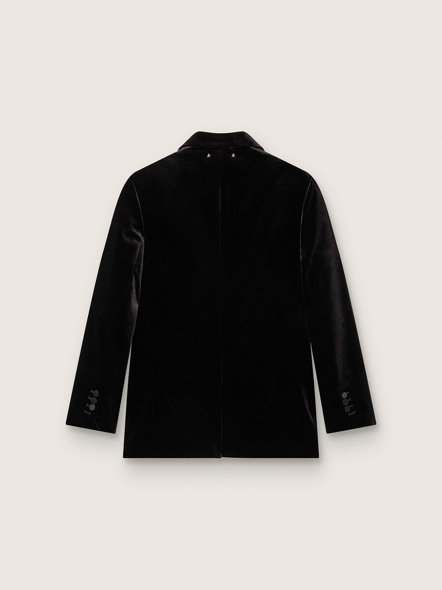黒のベルベットと黒のサテンの襟が付いたレディースのダブルブレストジャケット