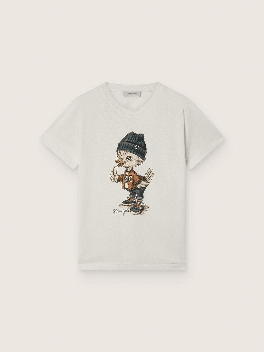 デジタルマスコットプリント入りの白いコットンジャージーの男の子用ジャーニーtシャツ