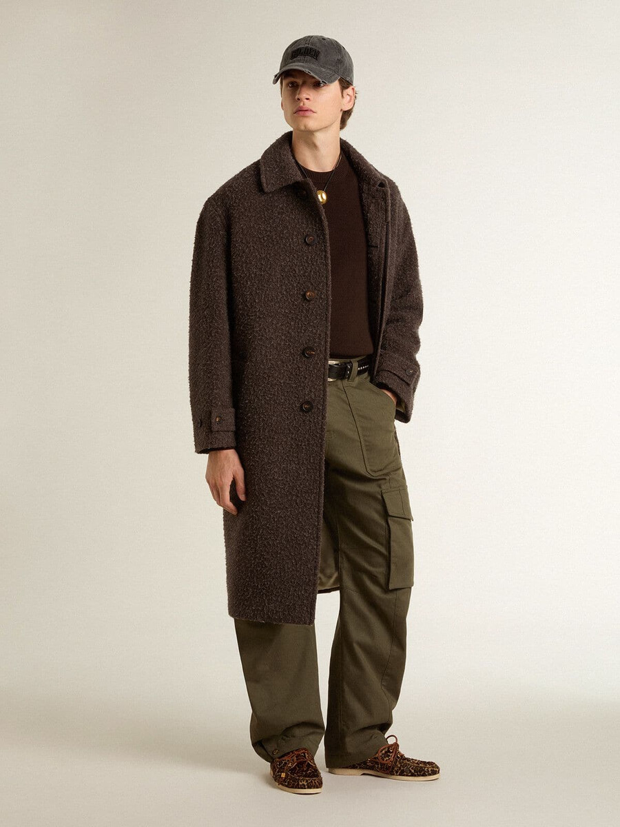 メンズ シングルブレスト ジャーニー コート シワ加工ウール混紡 花柄ピン付き