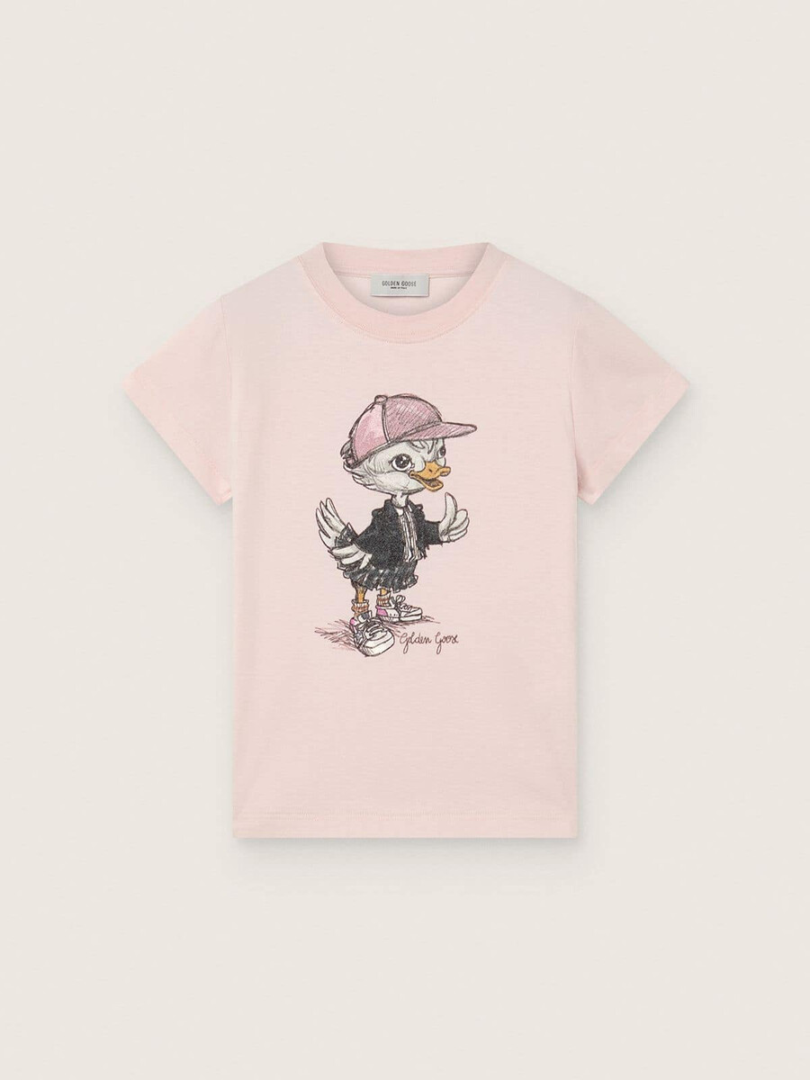 デジタルマスコットプリント入りピンクのコットンジャージー製女の子用ジャーニーtシャツ