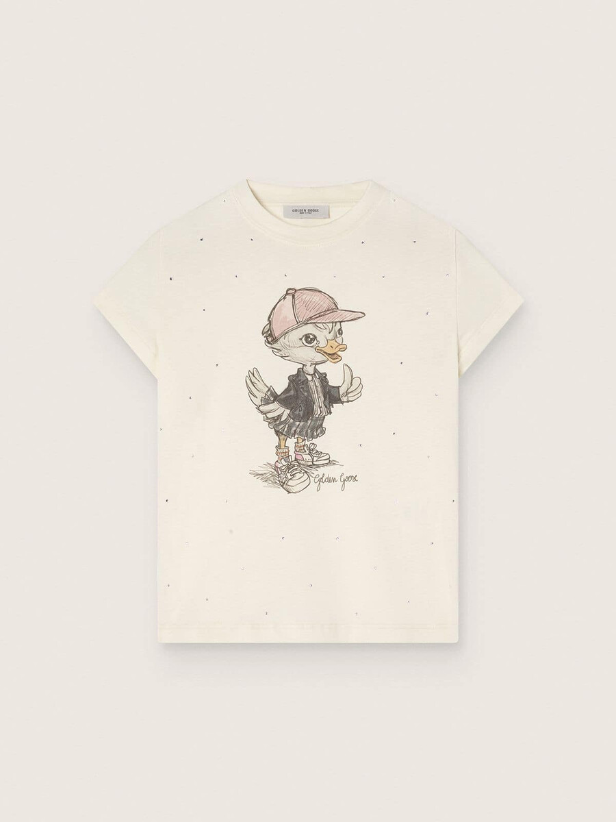 デジタルマスコットプリントとクリスタルアップリケをあしらった白いコットンジャージーのガールズ向けジャーニーtシャツ
