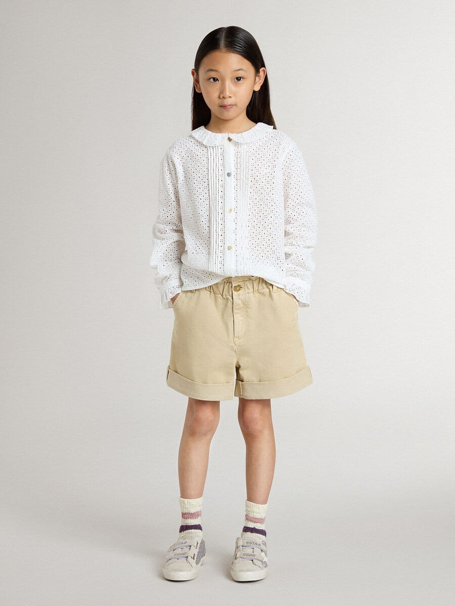 女の子用白いブロデリー アングレーズ コットン シャツ