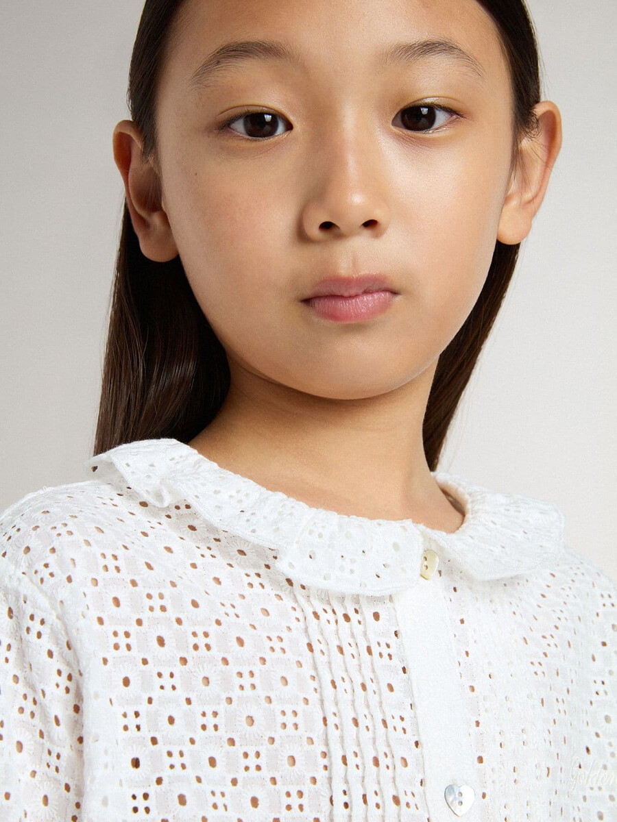 女の子用白いブロデリー アングレーズ コットン シャツ