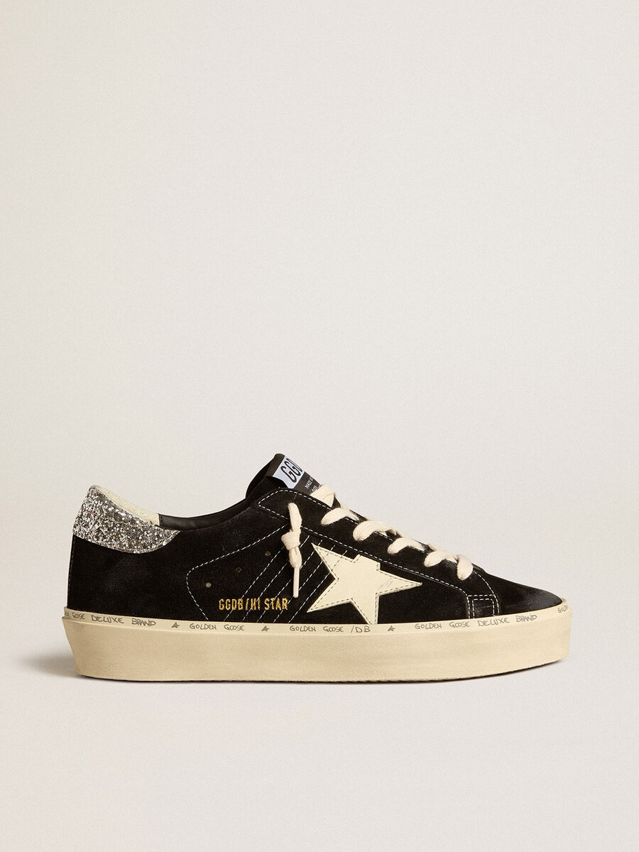 シルバーグリッターヒールタブ付きブラックレザーのレディースhi star