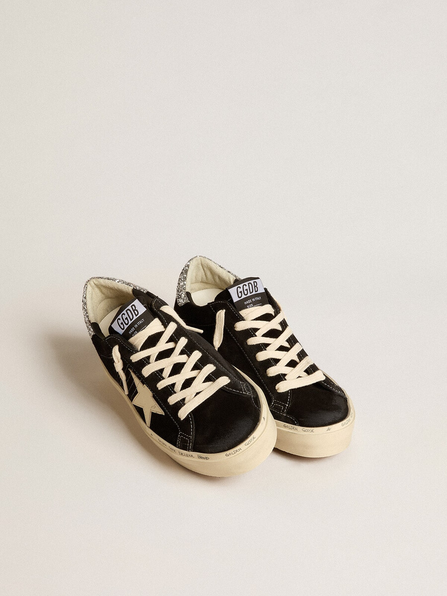 シルバーグリッターヒールタブ付きブラックレザーのレディースhi star