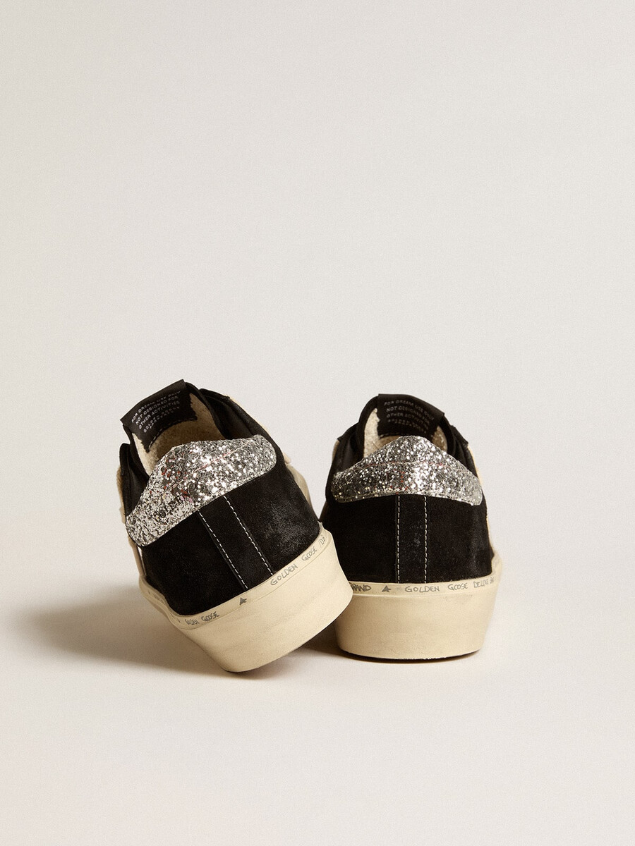 シルバーグリッターヒールタブ付きブラックレザーのレディースhi star