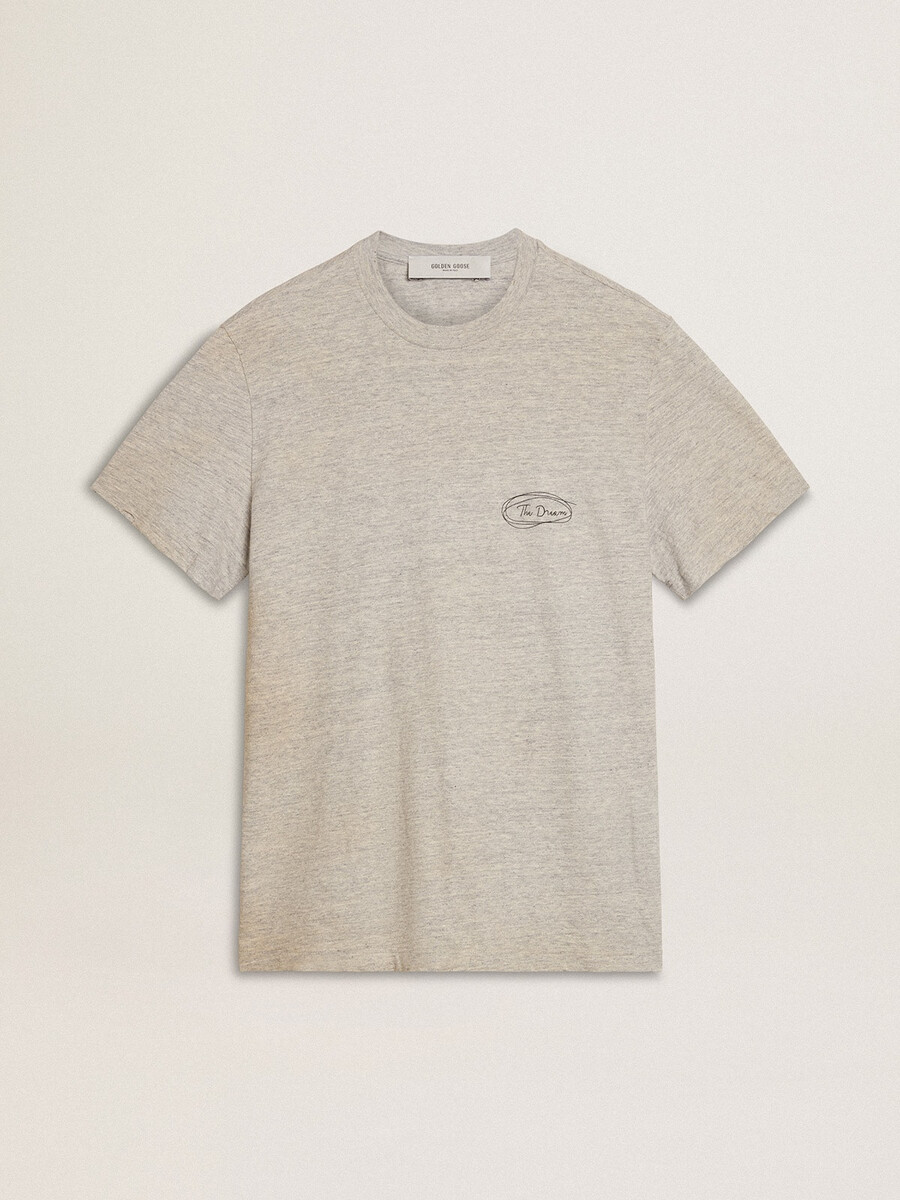 黒い文字が入ったグレーのメンズtシャツ