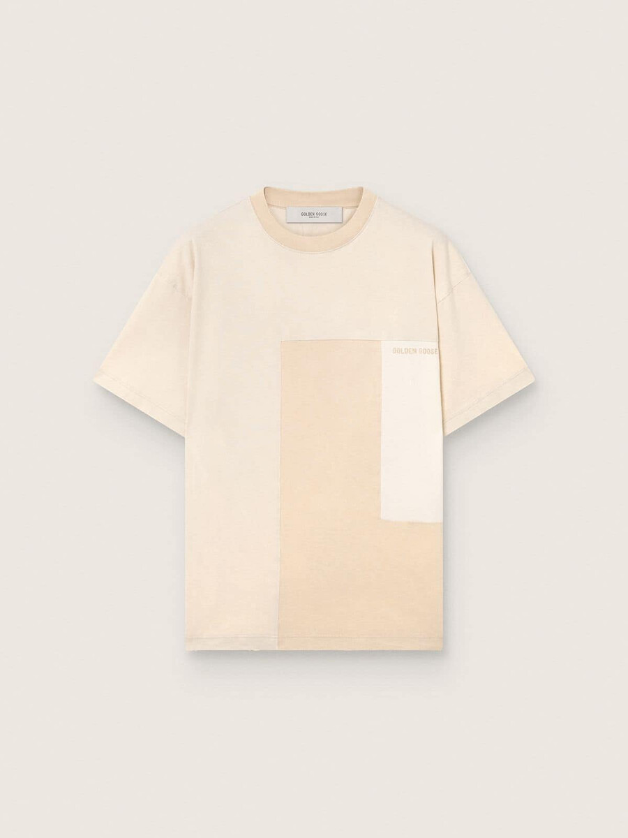 ホワイトとベージュのパッチワーク風コットンジャージーのメンズtシャツ