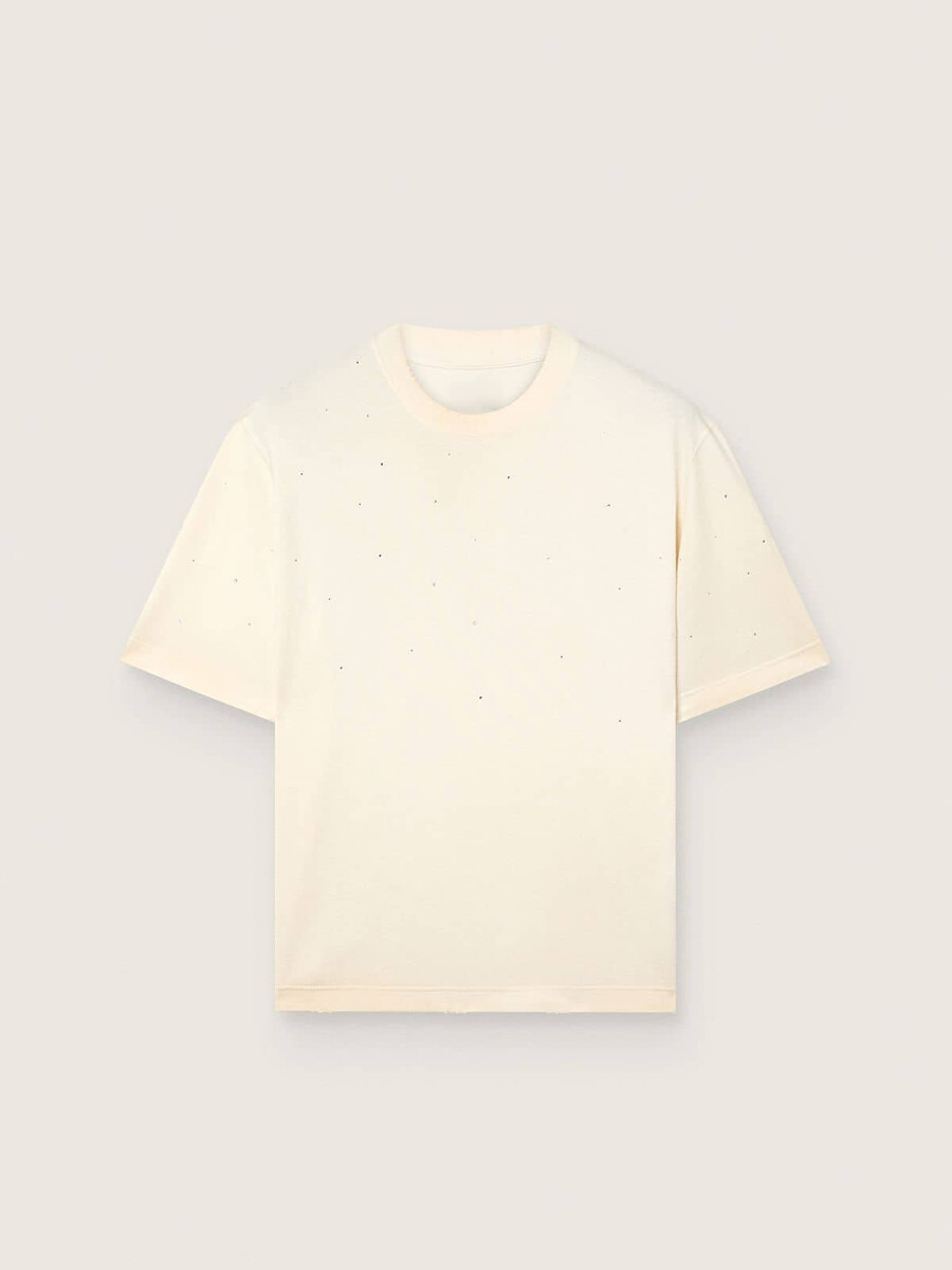 全体にグラデーションクリスタルと背面プリントが施された、白いコットン製のスターユニセックスtシャツ