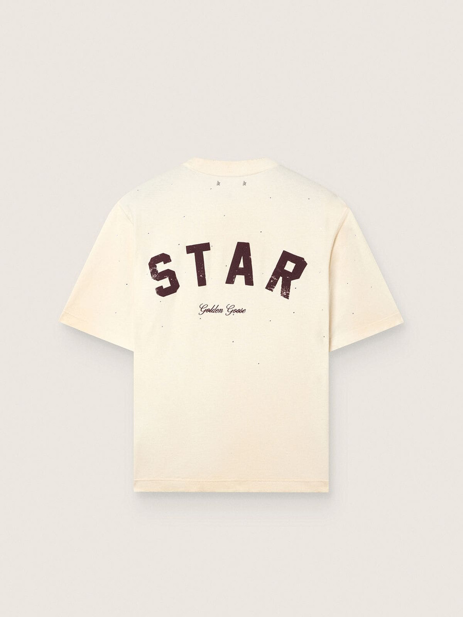 全体にグラデーションクリスタルと背面プリントが施された、白いコットン製のスターユニセックスtシャツ