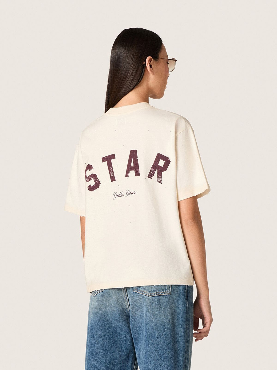 全体にグラデーションクリスタルと背面プリントが施された、白いコットン製のスターユニセックスtシャツ