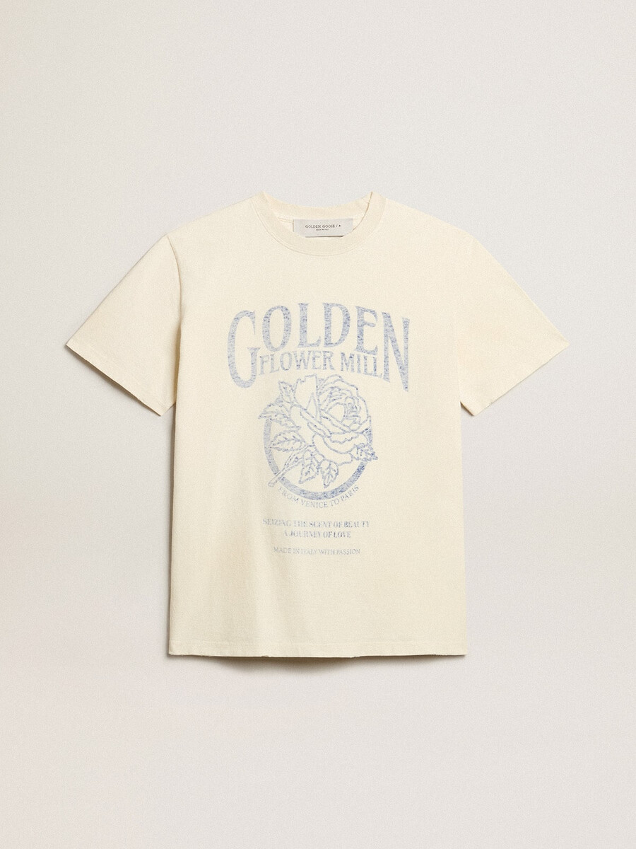 季節のプリントが施された、古びたホワイトコットンのレディースtシャツ