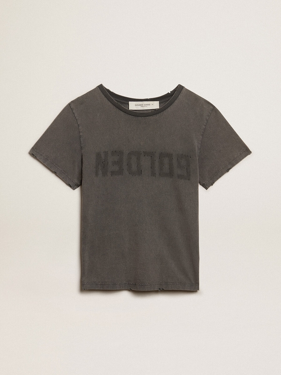 アンスラサイトグレーのダメージ加工スリムフィットtシャツ